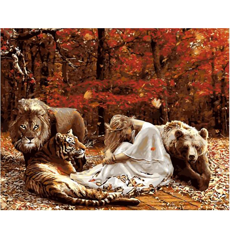 Digital Diy oil painting by numbers animals girl wall decor picture on