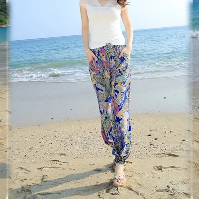 TingYiLi женские брюки с принтом Boho, летние пляжные шифоновые брюки, Узкие повседневные штаны-шаровары - Цвет: Синий