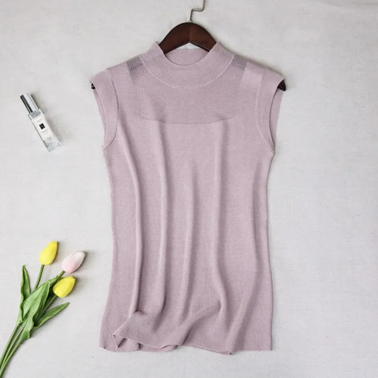 Womens Sleeveless Solid Knitted Mesh Blouses 2019 Summer Ladies Elegant Fashion Stand Collar Mesh Feminine Woman Korean Tops