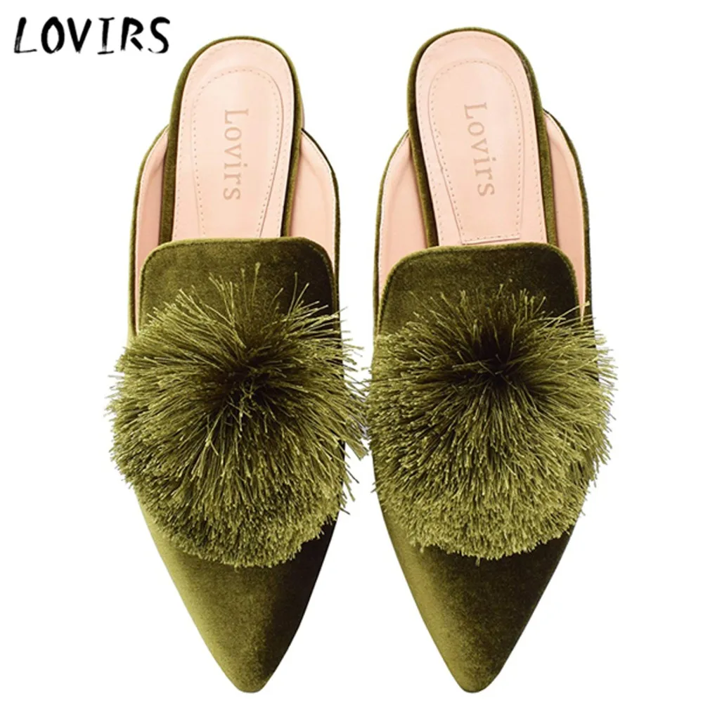 

Lovirs Mules for Women,Puff Pom poms Slip On Loafers Backless Green Mules Pointed Toe Velvet Mule Slides Slippers