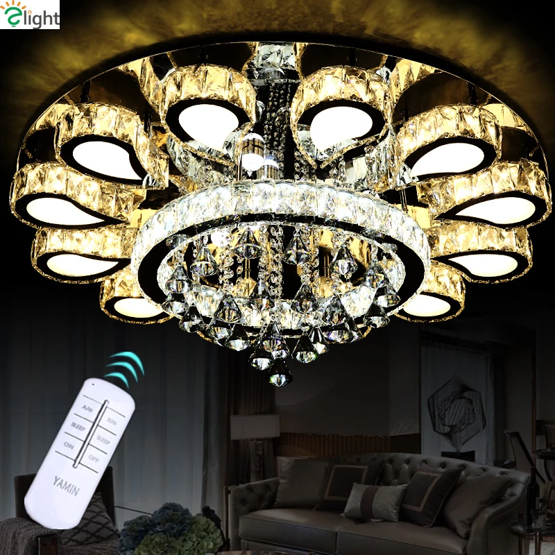 Remote Controller Dimmable Led Plated Chrome Mirror Steel Ceiling Chandelier Modern Luxury Lustre Cristal Led Round