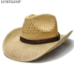Luckylianji Для женщин Для мужчин Мужская трудно рафии с широкими полями солнце пляж ковбойской шляпе плетеная веревка группа (56 -58 см)