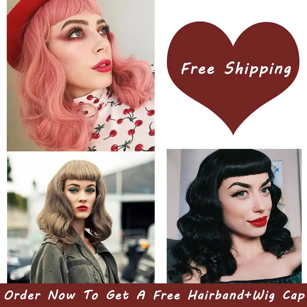 

QIANJI Rockabilly Vintage Audrey Hepbum Short Bang Wig Long Finger Wavy Wigs for Women Shouder Length Wigs With Free Wig Cap