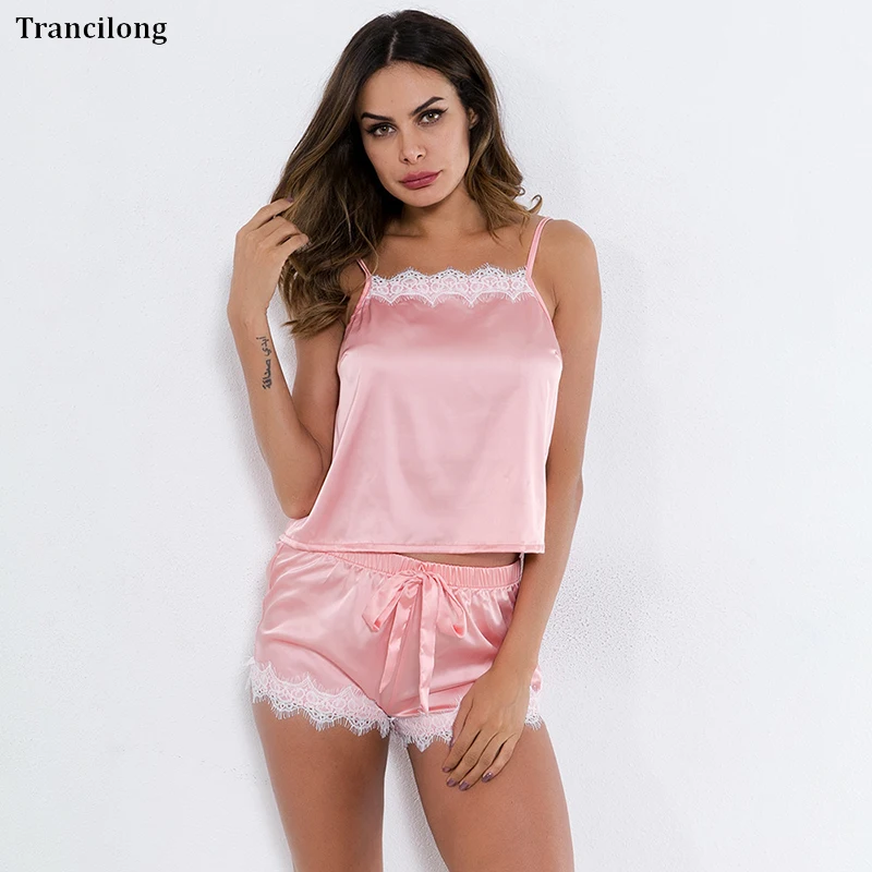 

Trancilong2019 Summer New Women'S Suits Word Collar Stitching Lace Slings Exposed Navel Casual Two Piece Set