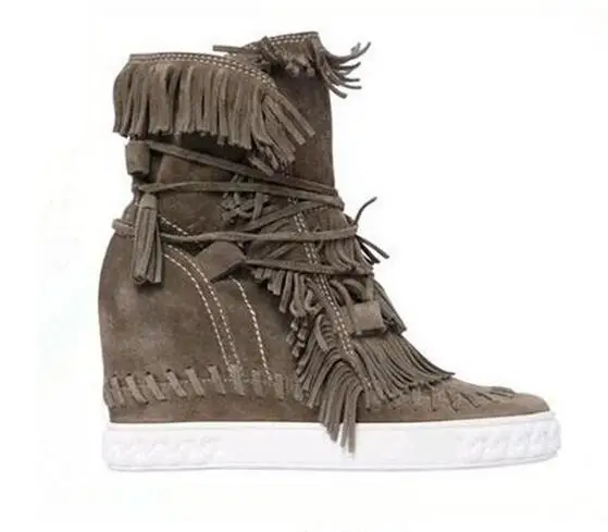 Marca de Alta Calidad Mujeres Ocultos 8 CM Cuña Botines Flecos Suede  Gladiador Ata Para Arriba La Borla Zapatos Casuales Mujer Plue Tamaño 34  42|wedge fringe|ankle boots suedeboots suede - AliExpress