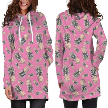 

Pineapple Print Hooded Dress Autumn Winter Warm Sweatshirt Long Sleeve Dresses 2020 Woman Clothing Pocket Design Woman Dress