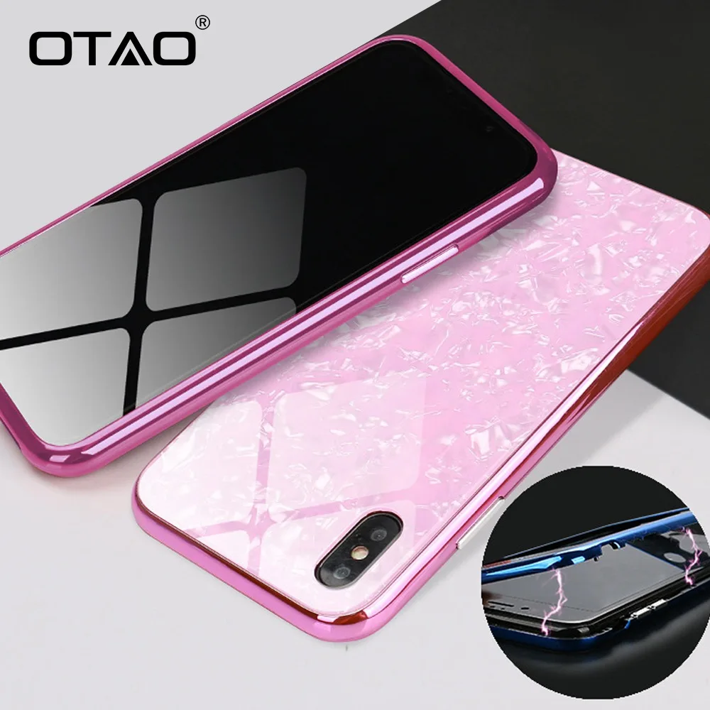 Acheter OTAO Magnétique Adsorption Téléphone Cas Pour iPhone X 8 7 6 6 s Plus En Métal Aimant En Verre Trempé Cas Flip couverture Shell Motif Coque
