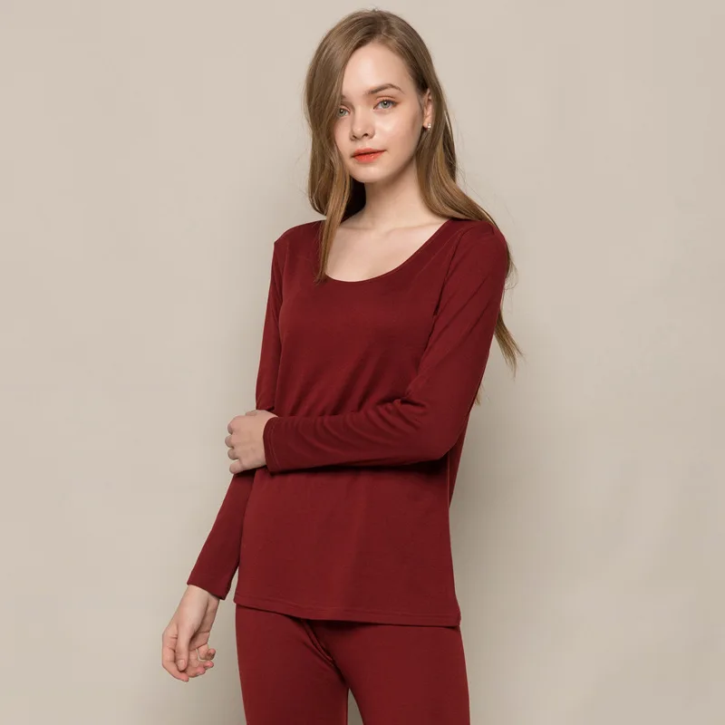 Теплая Пижама из натурального шелка женская осенняя одежда термотоп+ длинные штаны комплект нижнего белья облегающая блузка с длинным рукавом Леггинсы - Цвет: Red Wine