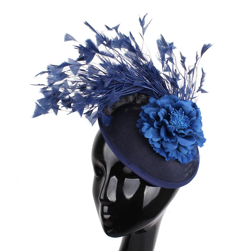Женская красная millinery Свадебная вуалетка для волос шляпы Необычные Цветочные haiirbands для женщин элегантные вечерние замужние гонки головной убор, украшенный пером - Цвет: Тёмно-синий
