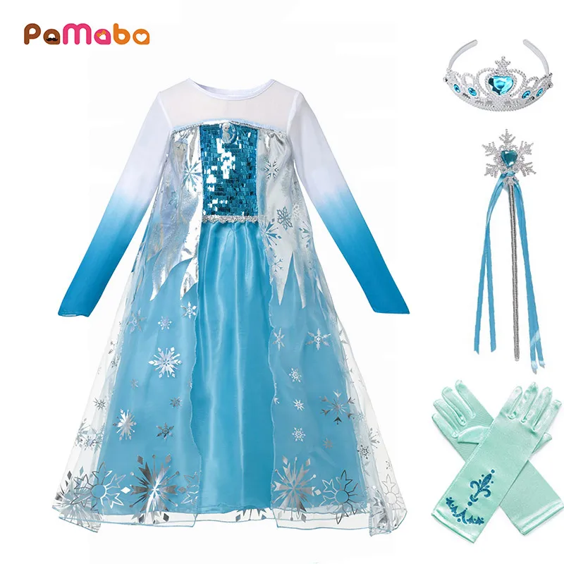 PaMaBa/платье Эльзы для девочек фантазийный детский наряд Снежной Королевы на день рождения вечерние костюм принцессы Эльзы на Хэллоуин