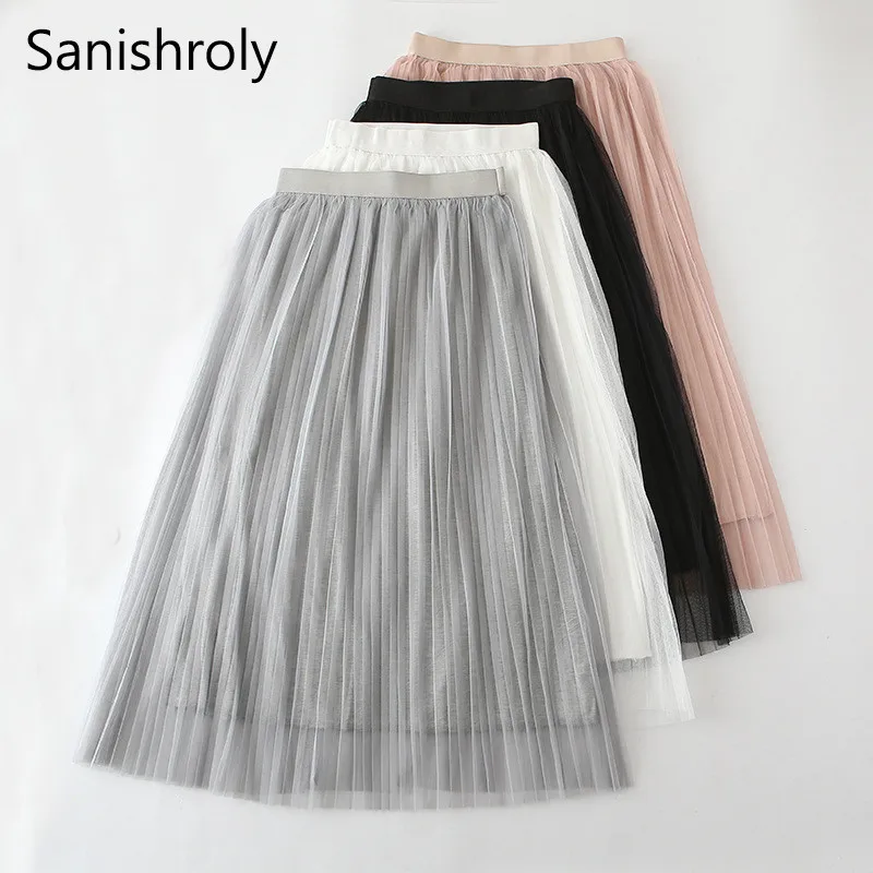 Sanishroly новая весенняя женская трапециевидная сетчатая юбка бальная юбка однотонная эластичная высокая талия кружевная юбка Женская Длинные плиссированные юбки S434