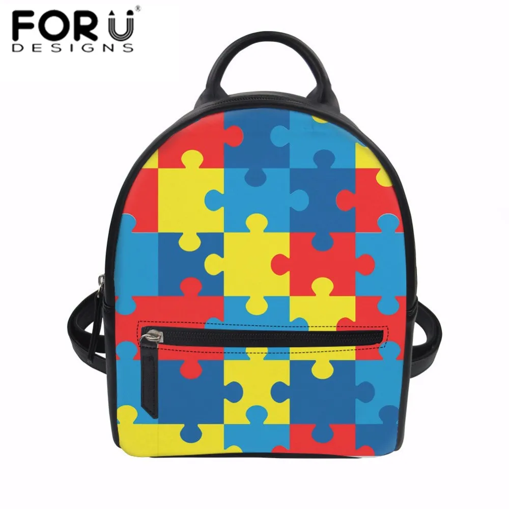 

FORUDESIGNS Women PU Leather Backpack Autism Awareness Print Kids Small School Backpack Teenager Girls Rucksack Female Mochila
