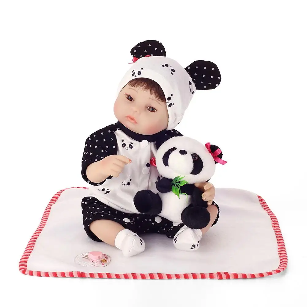 

New 40cm Reborn Baby Vinyl Silicone Doll Kids Toy with Cartoon Panda Print Clothes