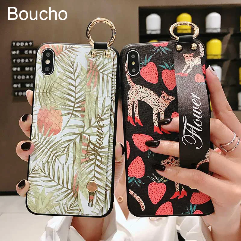 

Boucho Wrist Strap Phone Cases For iPhone XS Max X XR 6 6S 7 8 Plus 11 pro max Strawberry Leaf Case Soft Silicone Cover for apple iphone 11 pro max 8plus 7plus 6plus capa with Wrist Strap