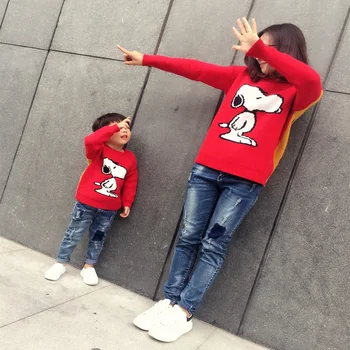 

Mother Daughter Son Pullover Long Sleeve Shirts Cartoon Dog Family Matching Outfits Autumn Winter Warm Sweater Women Red Clothes