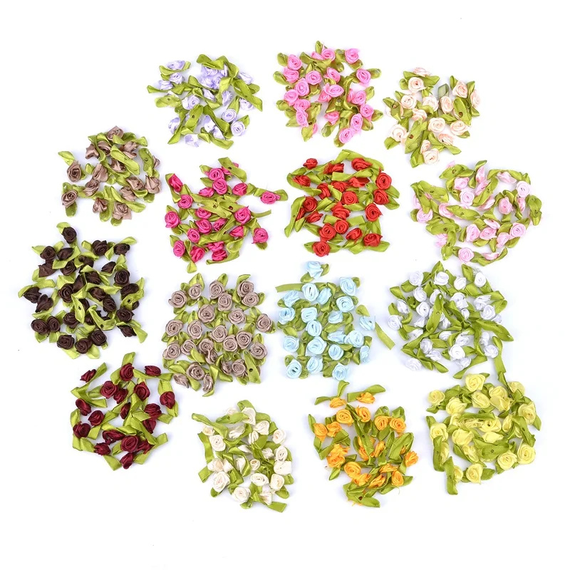 

100PCS 1.5cm Satin Ribbon Roses Artificial Mini Silk Rosettes Fabric Flowers Heads Handmade DIY Craft For Wedding Decoration