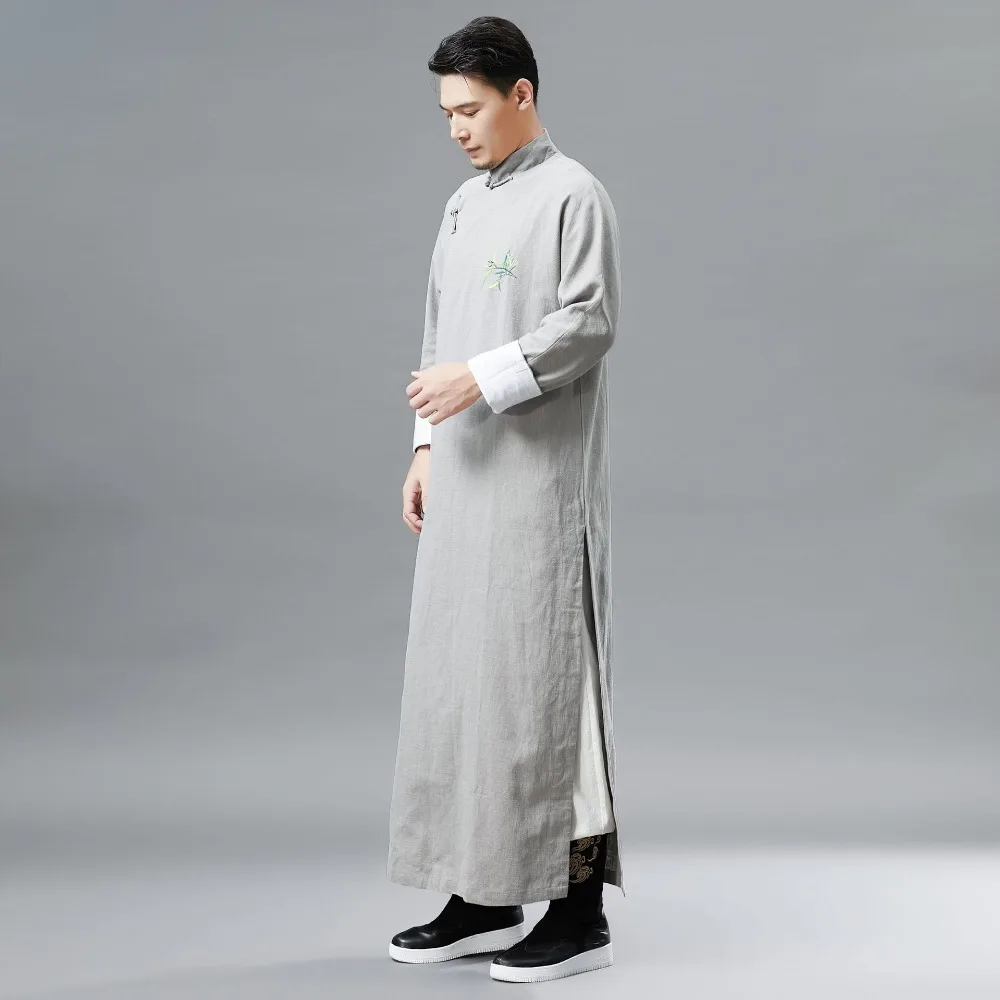 LZJN Chinese Men Classic Master Clothing X-Long Linen Trench Robe Gown Coat Two Side Slit Kung Fu Tai Chi Traditional Outfit (23)