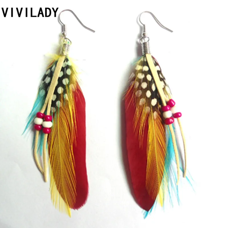 

VIVILADY Bohemian Fashion Multicolor Beads Peacock Long Feather Earrings Women Party Jewelry Bijoux Accessory Gifts