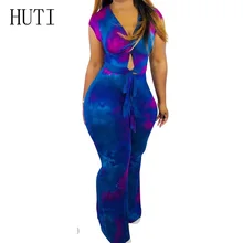 HUTI Rompers Sexy Hollow Out V Neck Short Sleeve Jumpsuit Vintage Printed Slim Bodycon Tie Up Women Casual Playsuit Overalls цена HUTI Rompers Sexy Hollow Out V Neck Short Sleeve Jumpsuit Vintage Printed Slim Bodycon Tie Up Women Casual Playsuit Overalls цены онлайн