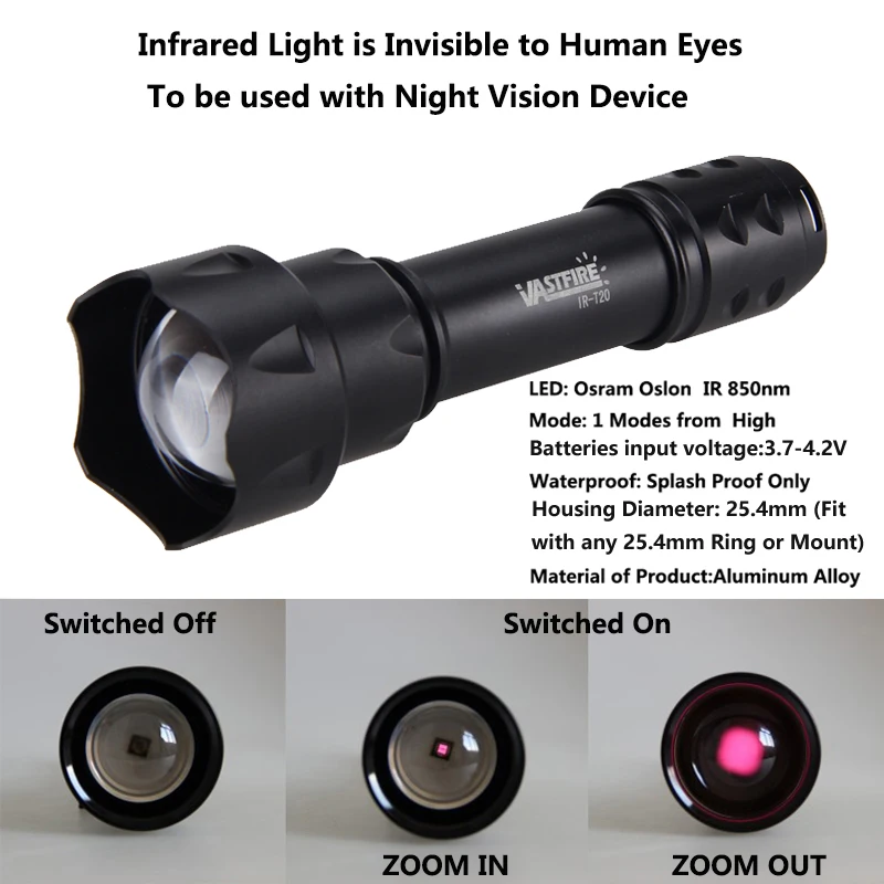Светодиодный фонарик 18650 перезаряжаемый Batttery Zoomable Focus 850 нм светодиодный ИК-фонарь с инфракрасным излучением, фонарь ночного видения для охоты