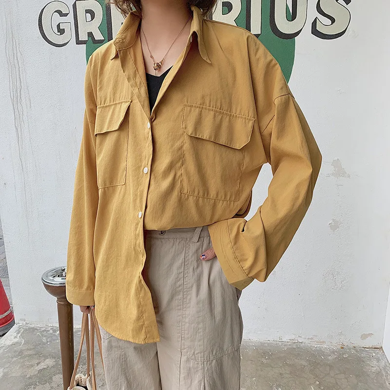 

Johnature Regular Full Sleeve Tops Casual Pockets Solid Women Clothes 2019 Turn-down Collar Loose Cotton Shirts Women Blouses