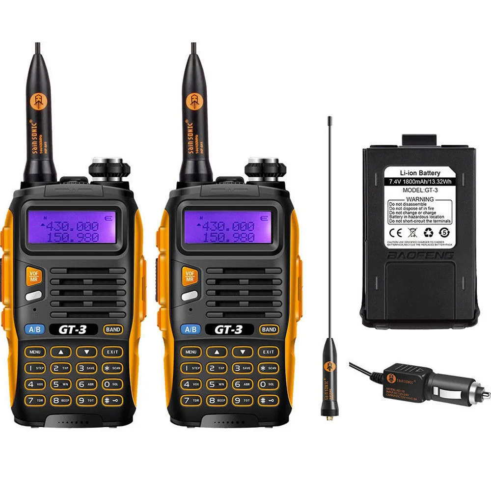 

2 PCS Baofeng GT-3 Mark II Dual Band 2M/70cm 136-174/400-520MHz Ham Two Way Radio Walkie Talkie 1800mAh Li-ion Extra Battery