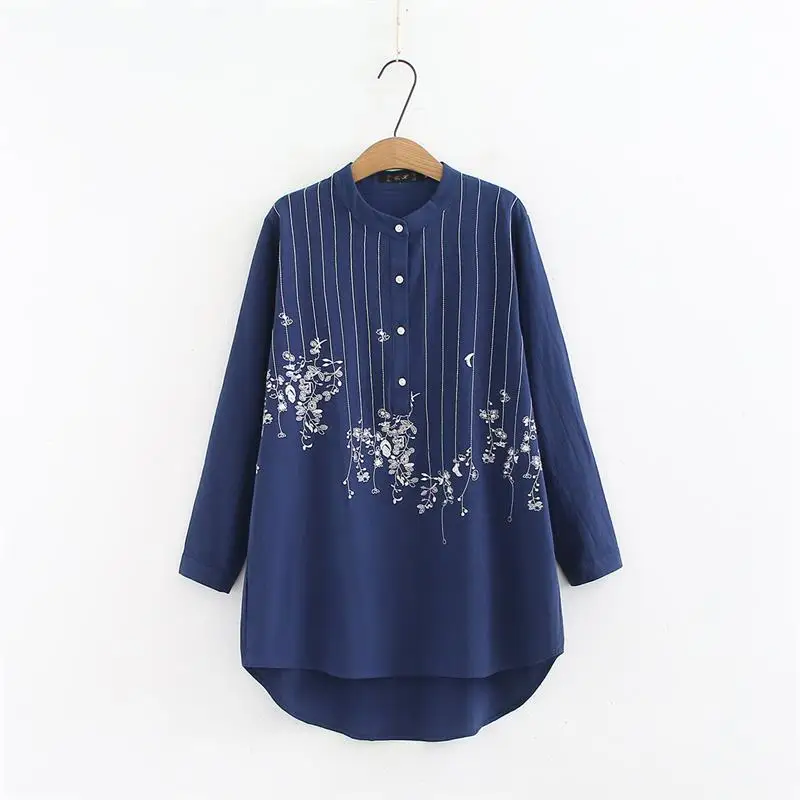 Plus size mandarin collar long sleeve blouses women 2018 Embroidered red & white & dark blue shirt Spring & autumn ladies tops Plus size mandarin collar long sleeve blouses women 2018 Embroidered red & white & dark blue shirt Spring & autumn ladies tops