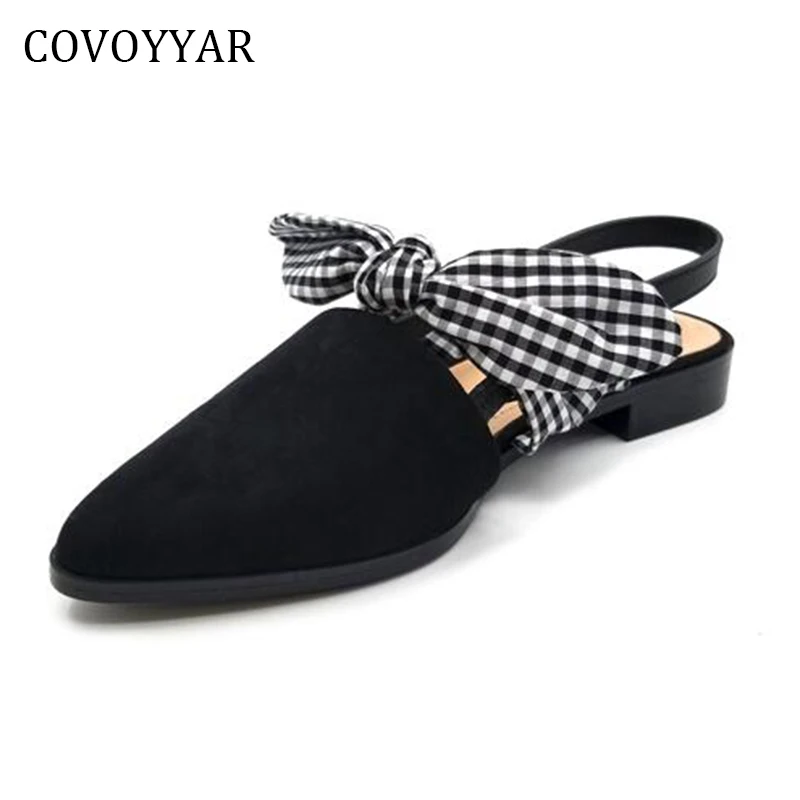 Женские босоножки в клетку covoyar с бантом и острым носком на низком каблуке модель