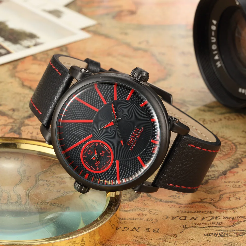 Кварцевые часы OHSEN мужские наручные армейский кожаный ремешок Reloj Masculino с красным