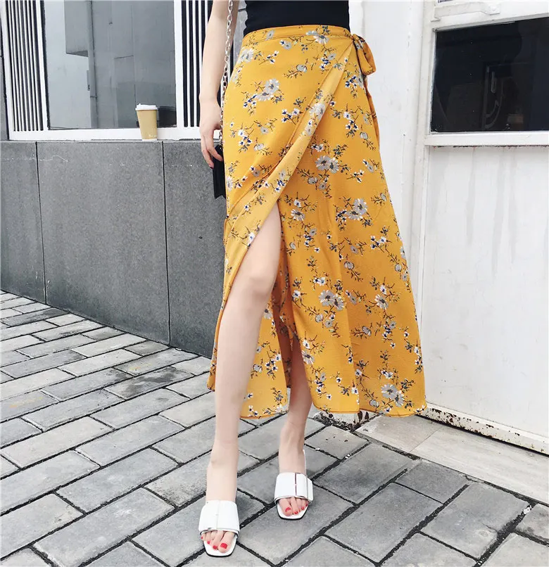 18 25 цветов,, богемные летние юбки с высокой талией и цветочным принтом, Женская Асимметричная шифоновая юбка в стиле бохо, длинные юбки макси для женщин - Color: 18