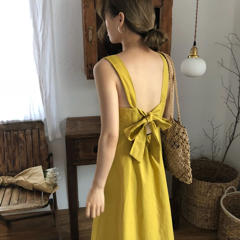 

Women Summer Yellow Sexy Backless Bow Tie V Neck Long Tank Dress with Single Row Buttons Female Holiday Vestido Robe Femme Ete