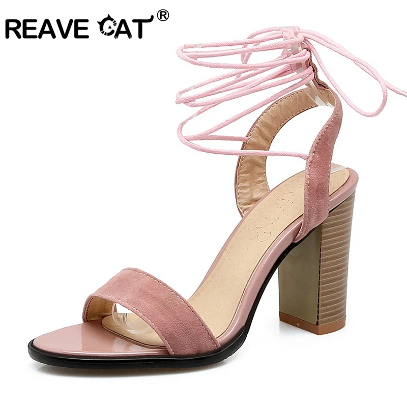 

REAVE CAT 2019 New Summer PU Leather Ankle Cross-tied Women Sandals Thick High heel Party Female Shoes Army Green Open Toe