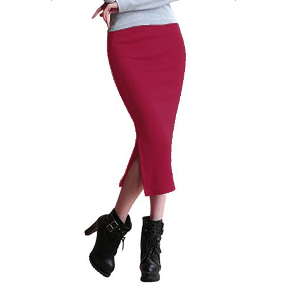 

New Womens Plain Bodycon Pencil Middle Waisted Ladies Stretch Midi Skirt