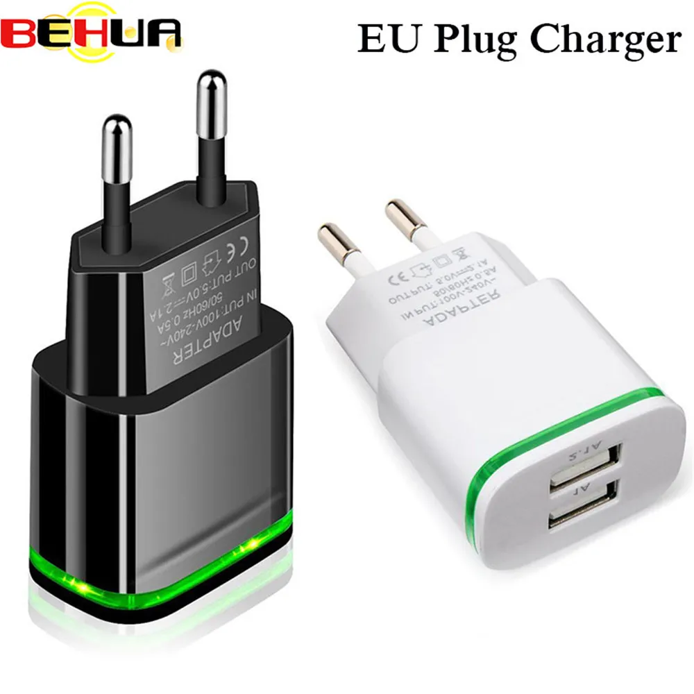 

EU Plug 2 Ports LED Light USB Charger 5V 2A Wall Adapter Mobile Phone Micro Data Charging For iPhone iPad charger for Samsung