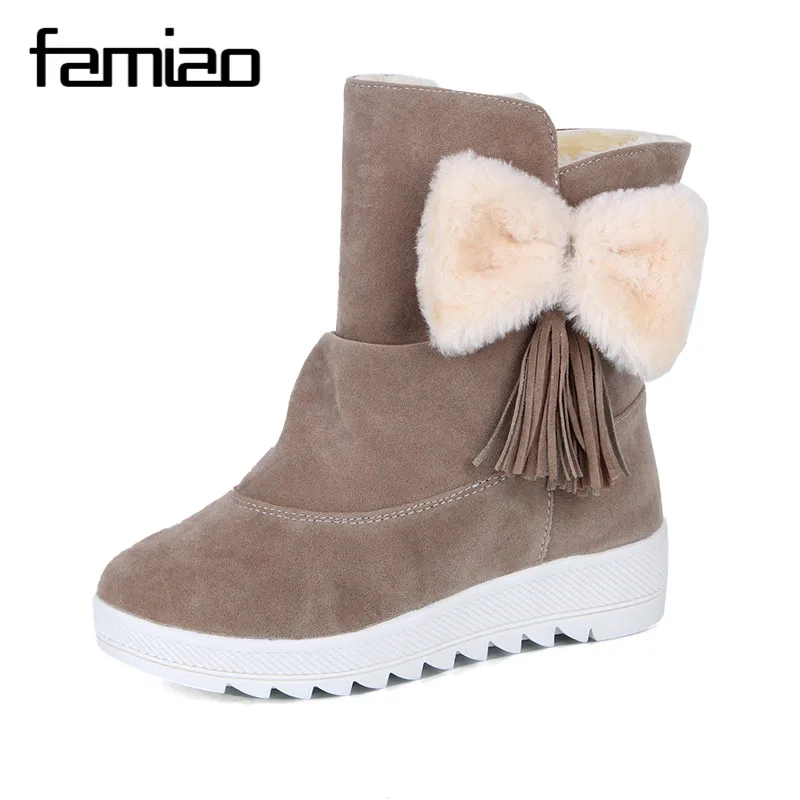 FAMIAO 2017 Snowshoes Women's snow Boots with Wool Fur Soft Ankle Women Genuine Leather Winter bowknot boots | Обувь