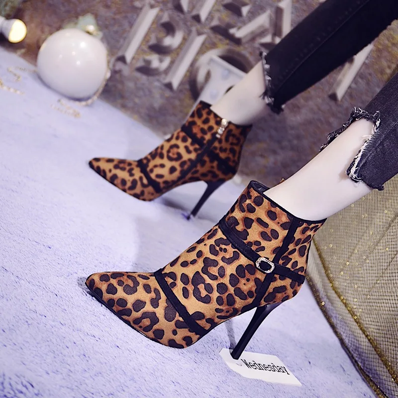 

2018 Women Ankle Boots Sexy High Heel 9.5CM Leopard Thin Heel Fashion Ladies Shoes Pumps Pointed Toe Zipper Shoes Woman Boots