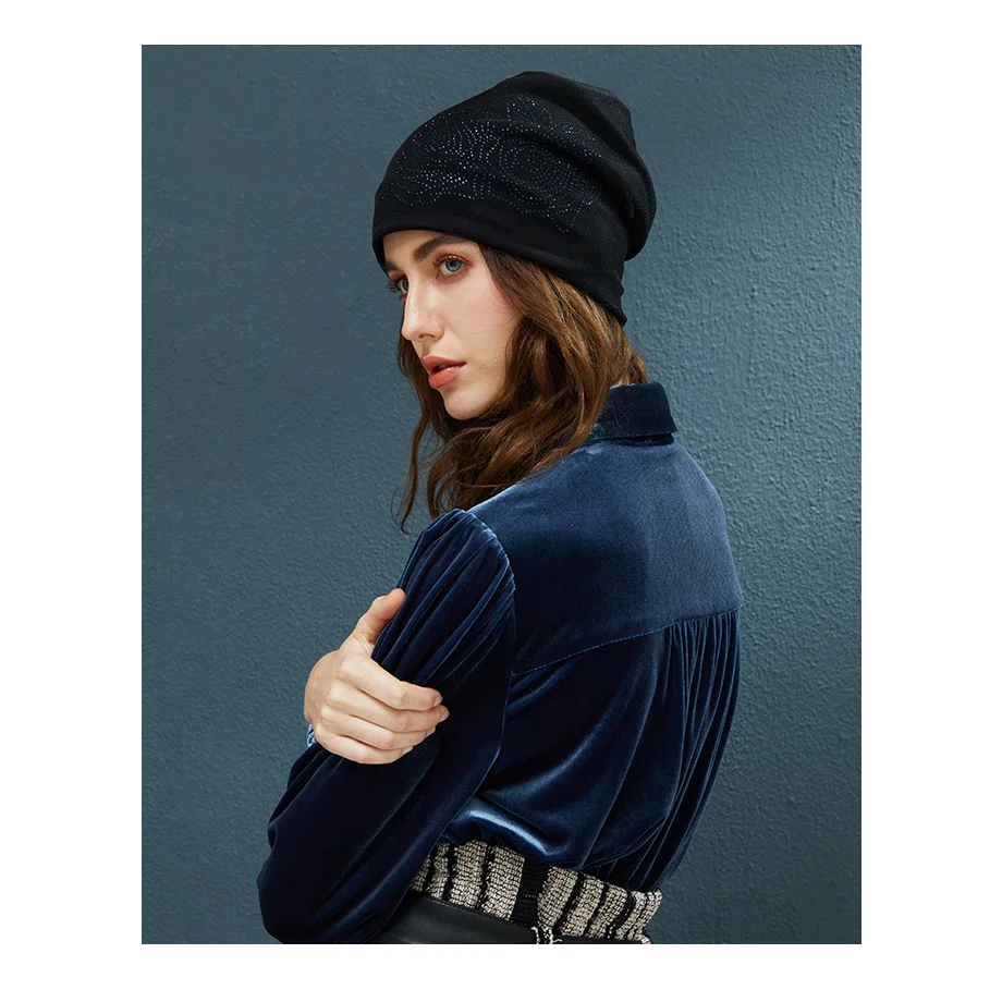 Winter Beanies Ponytail With Mesh And Rhinestone Flower Hats For Women Elegant Knit Caps  Female Streetwear Warm Beanie Skullies (6)