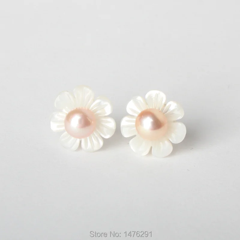 Серьги гвоздики с натуральным белым жемчугом и цветами 1 пара|silver flower stud earrings|flower