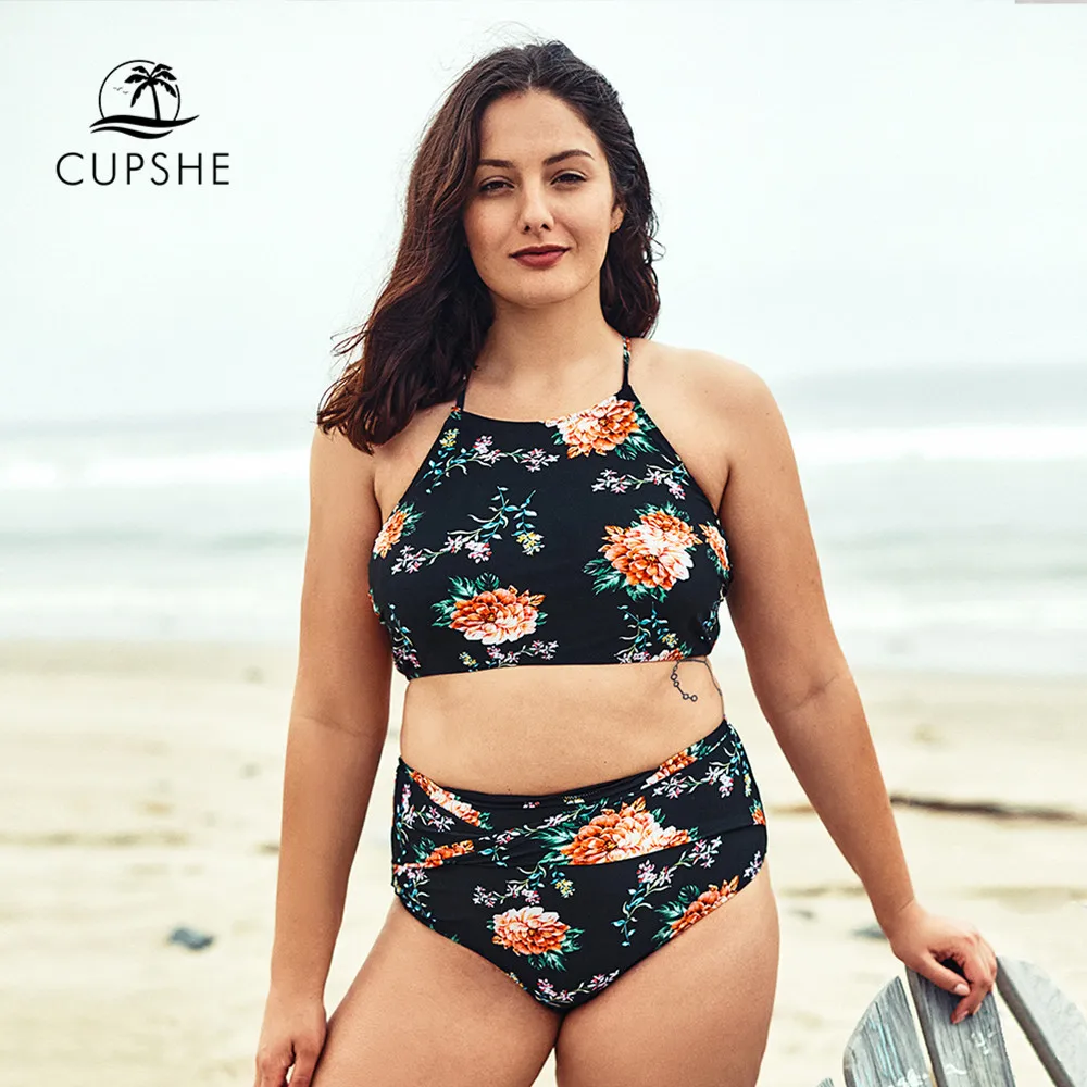 

CUPSHE Plus Size Floral Print Tank Top Bikini Sexy Lace-up Woman Two Pieces Swimsuits 2019 Girl Beach Bathing Suits Swimwear