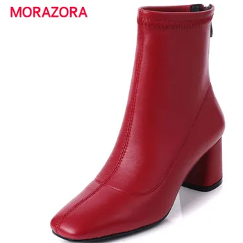 

MORAZORA big size fashion genuine leather boots autumn winter square toe high heel ankle boots for women square heel zip boots