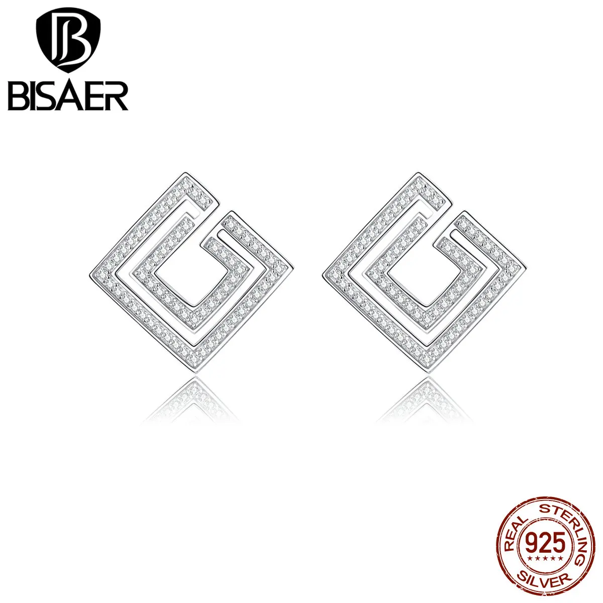BISAER геометрические 925 пробы серебряные светящиеся кубические циркониевые геометрические серьги-гвоздики для женщин ювелирные изделия EFE128