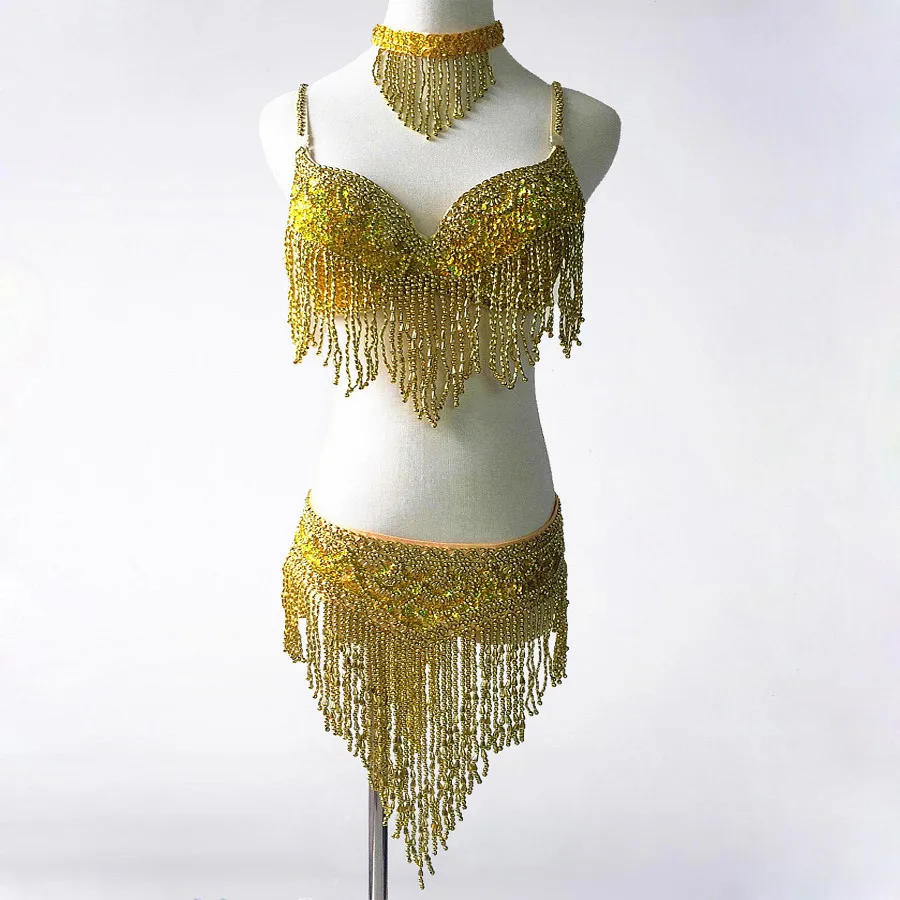 

Women Bellydance Clothes Eastern Style Beaded Top and Belt 2pcs Set Costumes for Belly Dance Bra Costume with Necklace