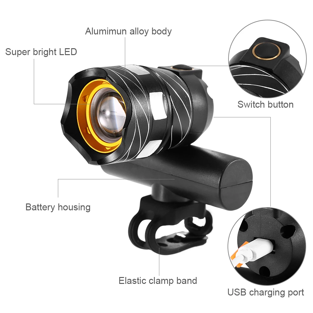 Cheap LED USB Bike Front Lamp Outdoor Zoomable Torch MTB Bicycle Headlight Built-in Battery Rechargeable Cycling Safety Warning Light 15