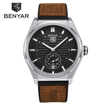 

BENYAR Business Men Quartz Watches Auto Date Display Scratch Proof Glass Water Proof Silicone Genuine Leather Band Gift