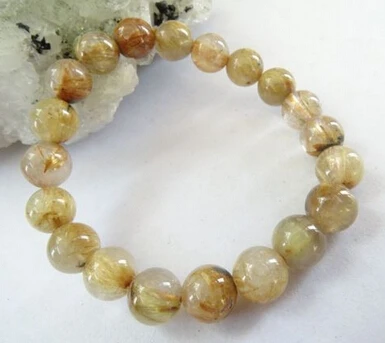 

001928 genuine golden rutilated quartz rock round stretch bracelet