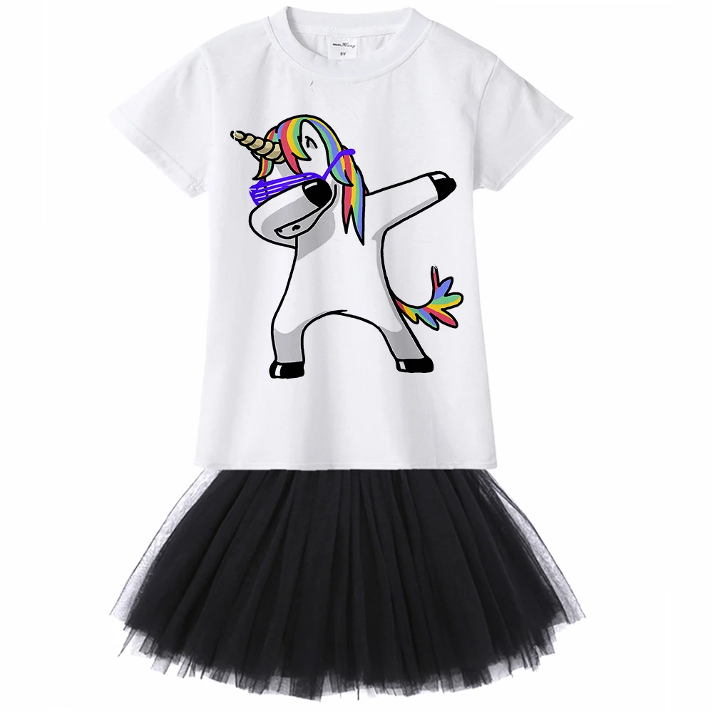 

1Y - 12Y Dabbing Unicorn Panda Pug Dog Cat Zebra Rabbit Kids Girl Dress Summer T Shirt Tutu Dress 2pcs Set Children Baby Clothes