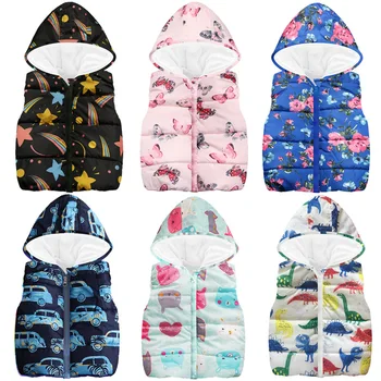 

Kids Vest Autumn Winter Girls Boys Warm Cartoon Rainbow Dinosaur Outerwear Children's Print Sleeveless Hodded Jackets Baby Coats