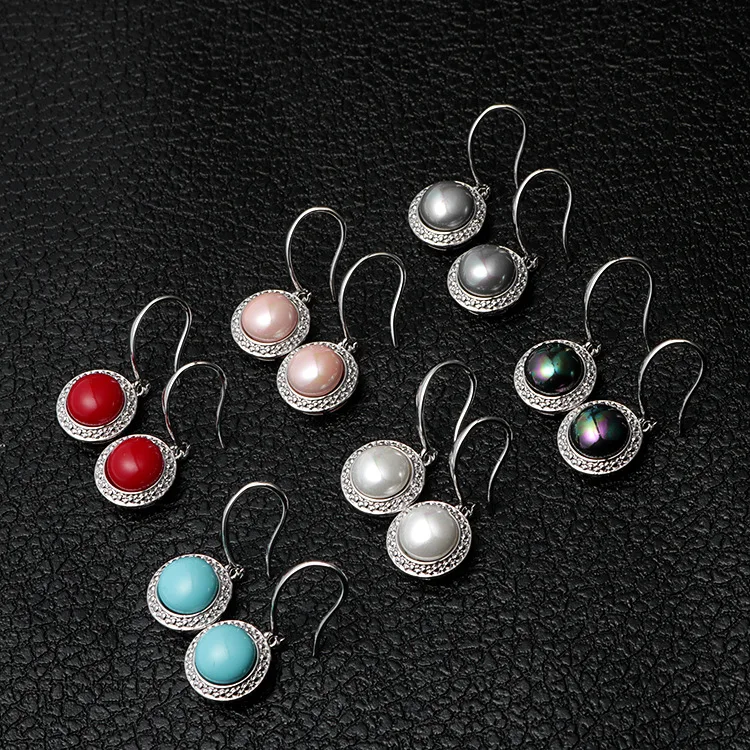 Elegant Pearl Shell Earring Vintage Round Mabe Dangle