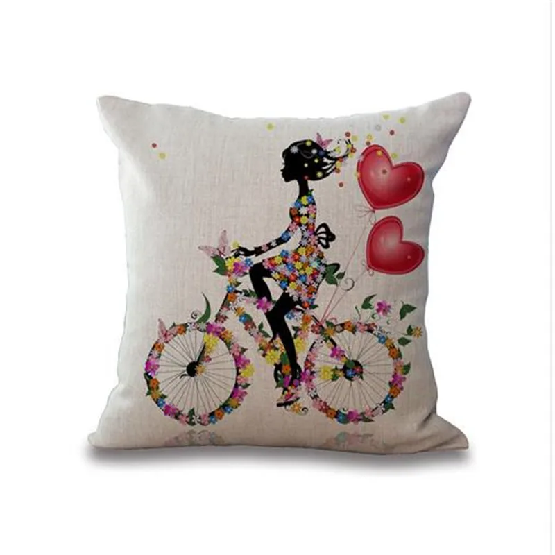 Square 18" Cotton Linen Decorative Cushions Flower Fairy Bike Butterfly Throw Pillows Sofa Home Decor No Inner
