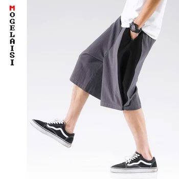 

New casual shorts men summer loose Stitching cotton linen shorts Chinese style loose knee length shorts Plus size 5XL 715-7083